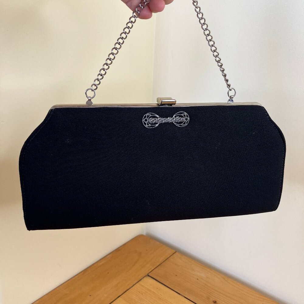Black Clutch Purse with Silver-tone Decoration Vintage Chain Strap Handbag